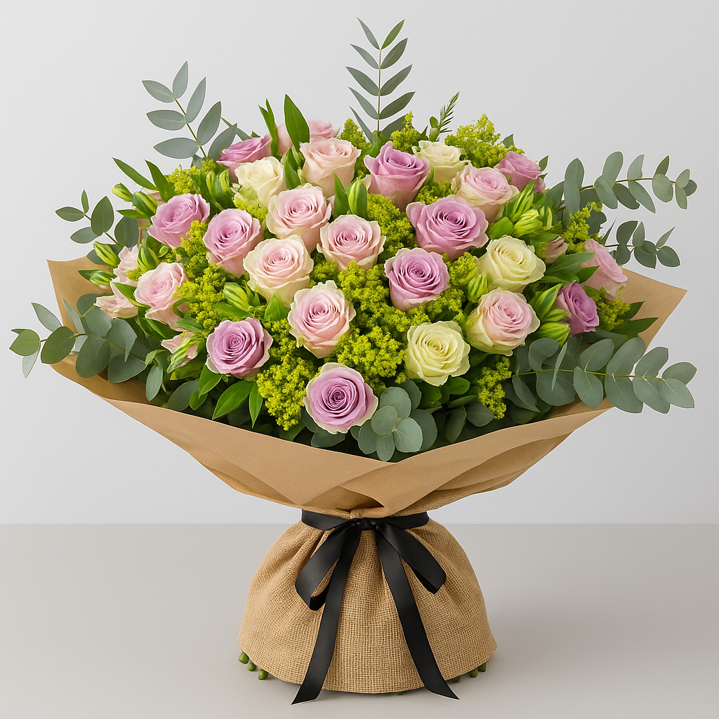 Pastel Burlap Wrapped Bouquet – Birthday Roses And Alstroemeria #Size_Grand