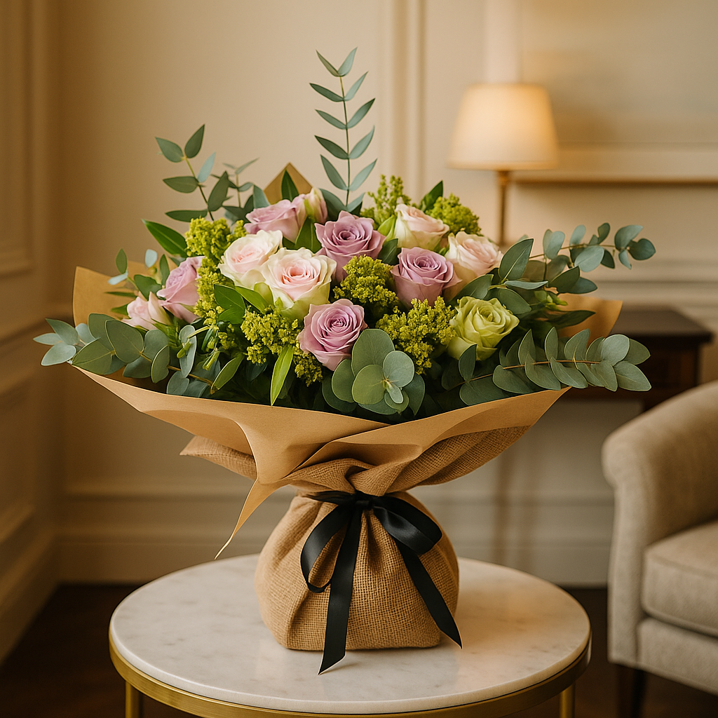 Pastel Burlap Wrapped Bouquet – Birthday Roses And Alstroemeria