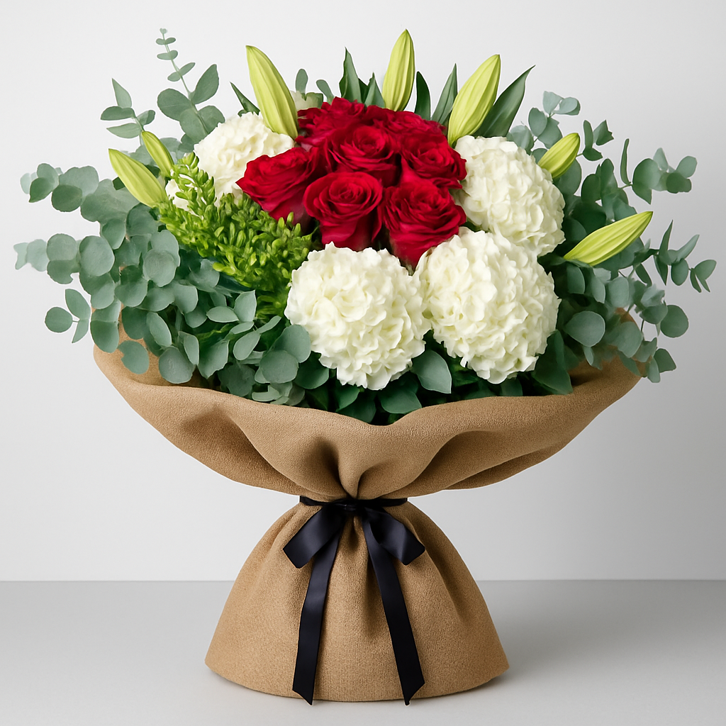 Red And White Burlap Wrapped Bouquet #Size_Deluxe