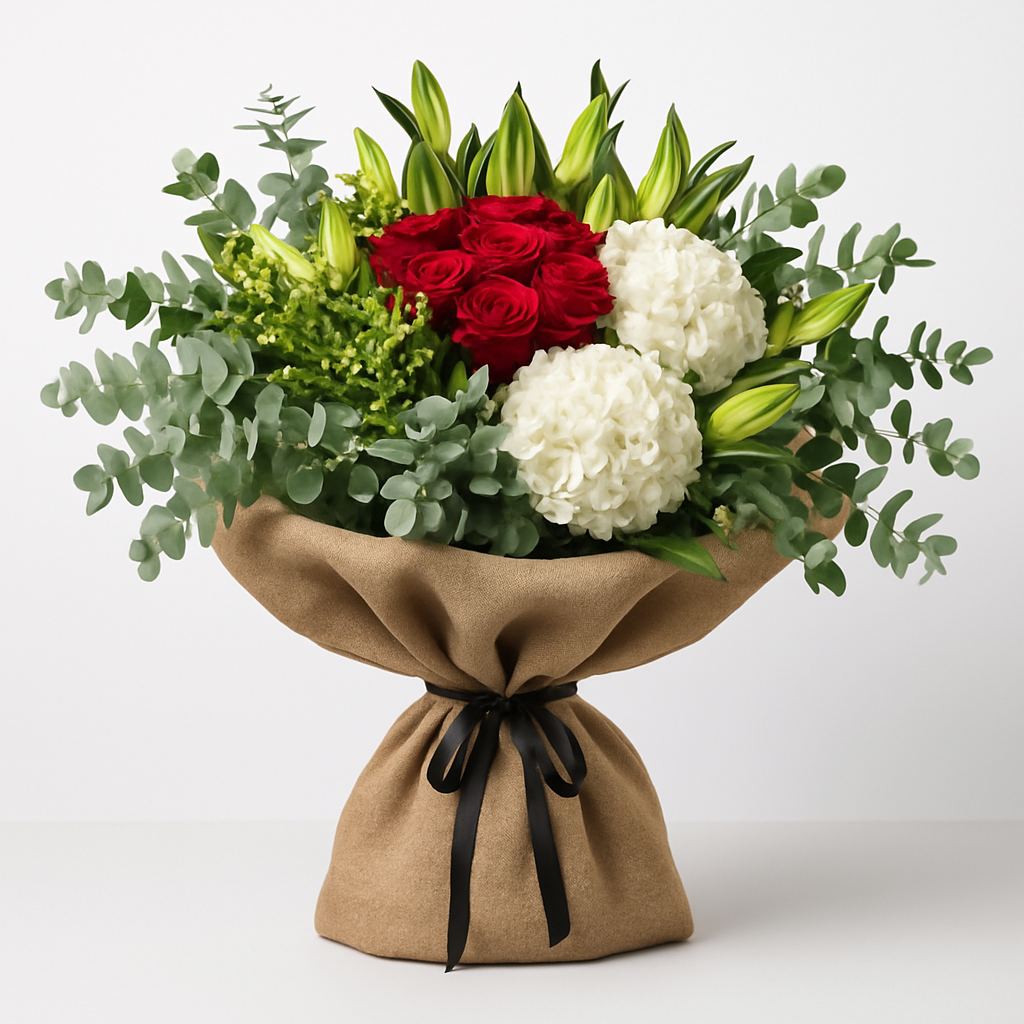 Red And White Burlap Wrapped Bouquet #Size_Grand
