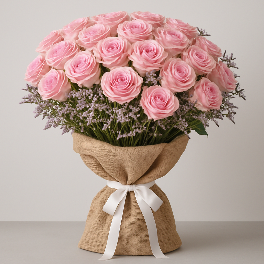 Pink Roses Burlap Wrapped Bouquet – Romantic Roses #Size_Grand