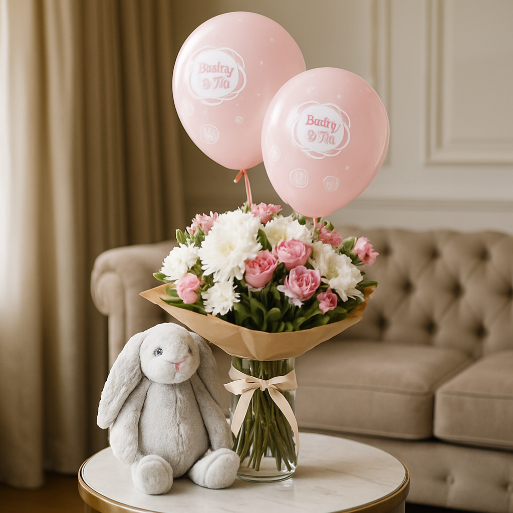 Pink N White Bunny Combo – Soft Roses And Chrysanthemums Gift Set