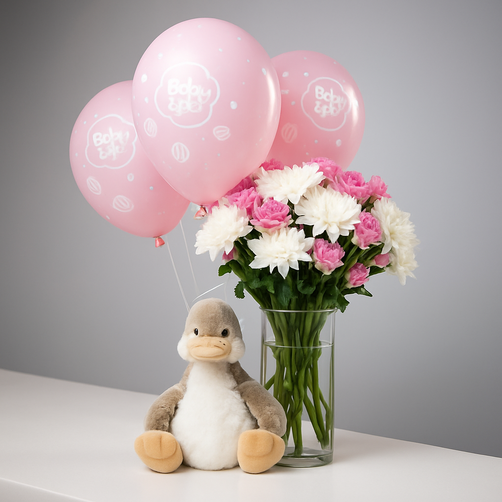 Pink N White Duck Combo – Soft Roses And Chrysanthemums Gift Set #Size_Classic