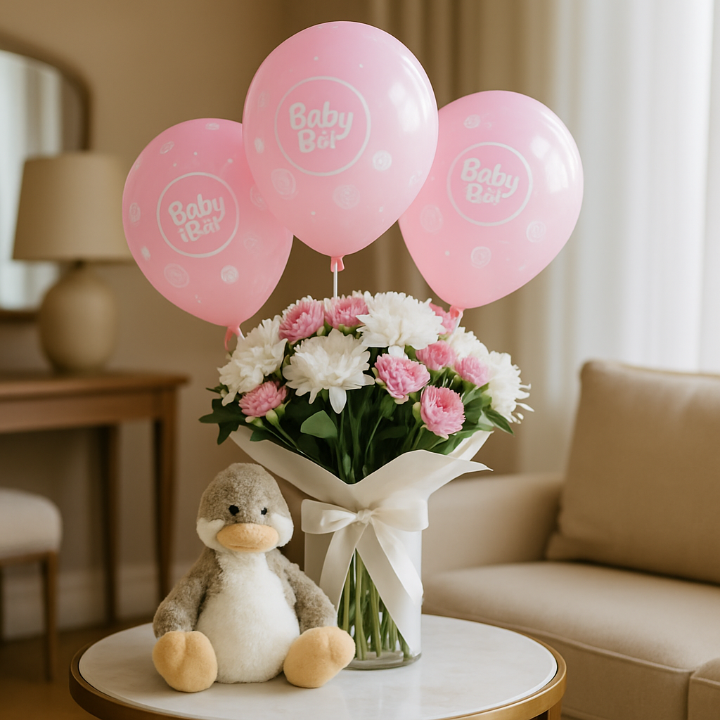 Pink N White Duck Combo – Soft Roses And Chrysanthemums Gift Set