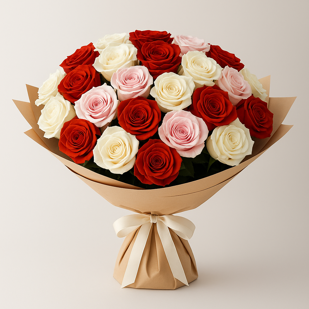 Pink, Red and White Roses Bouquet #Size_Classic