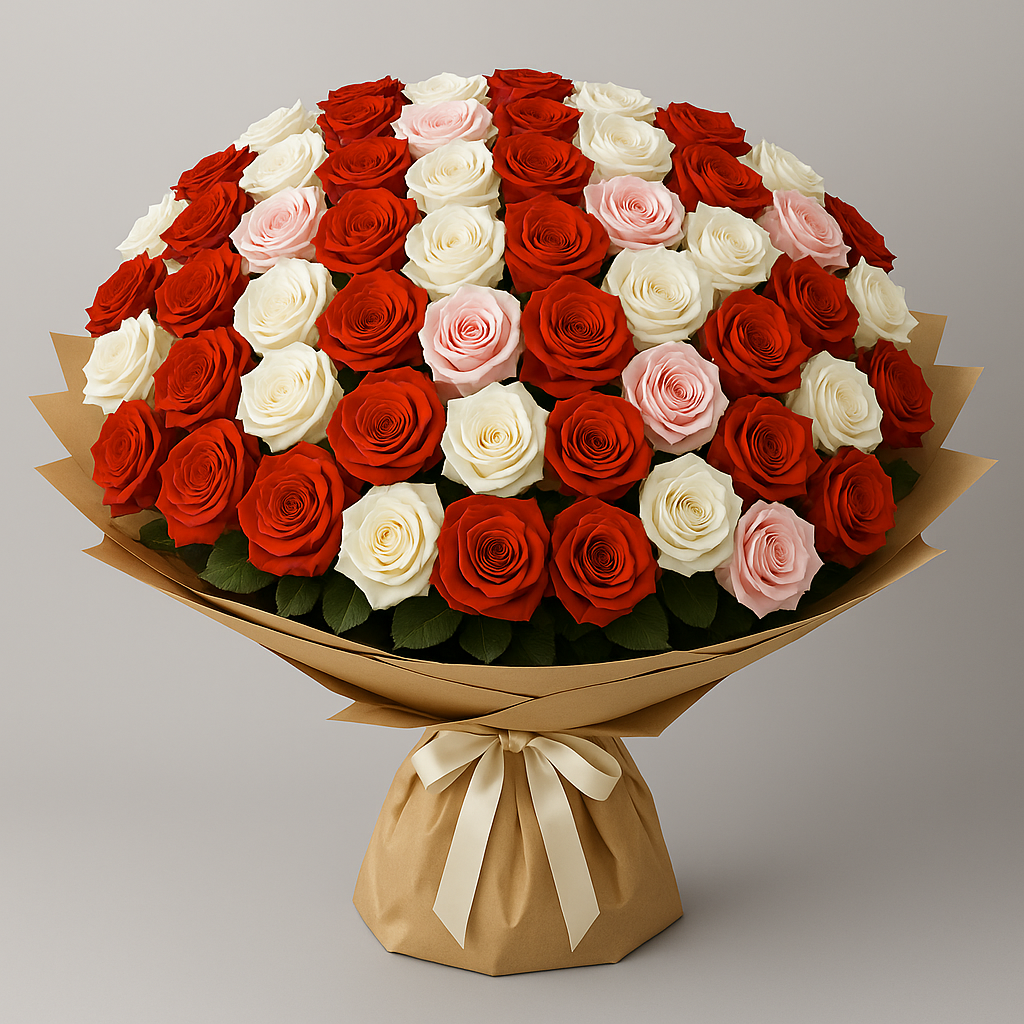 Pink, Red and White Roses Bouquet #Size_Grand