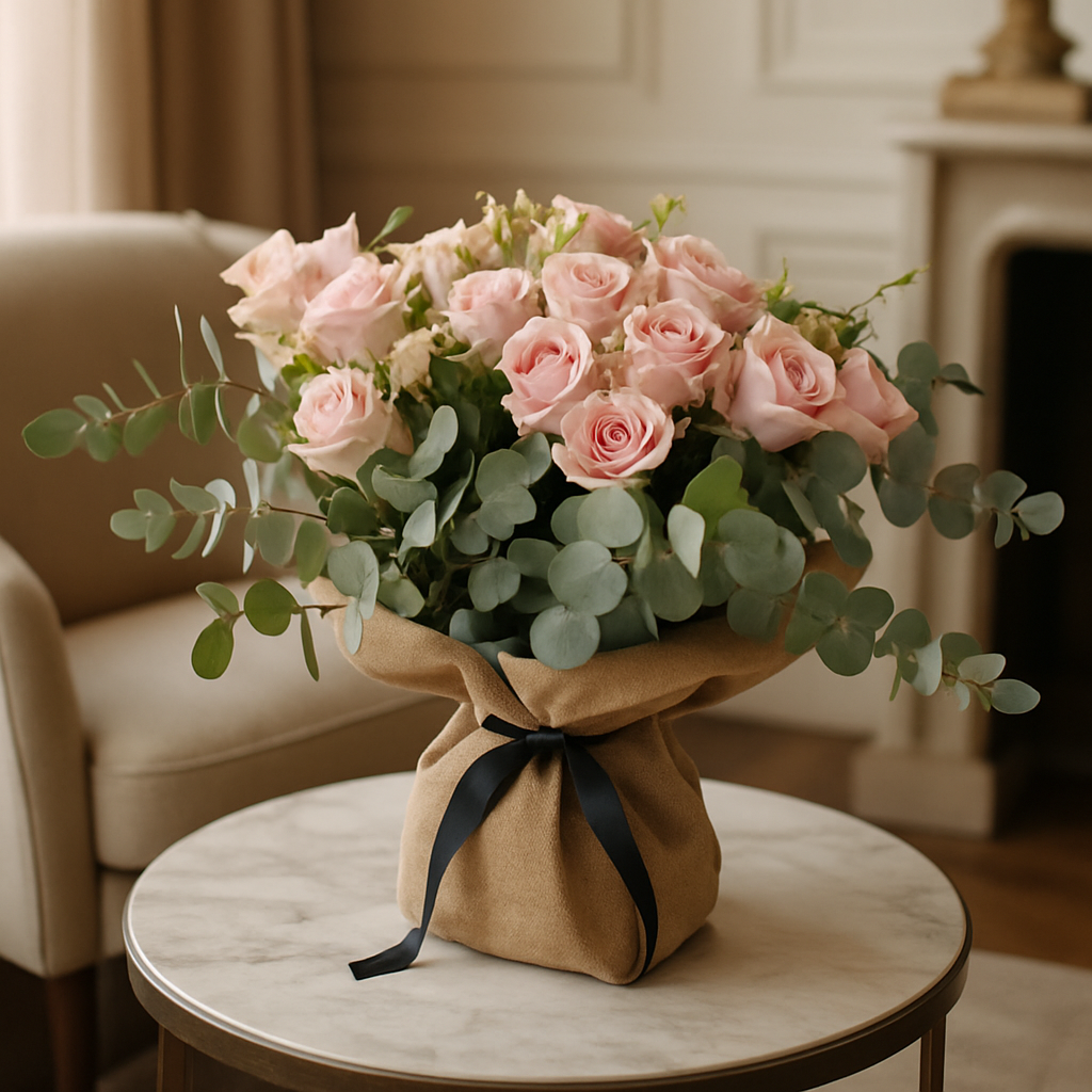 Pink And Peach Burlap Wrapped Bouquet