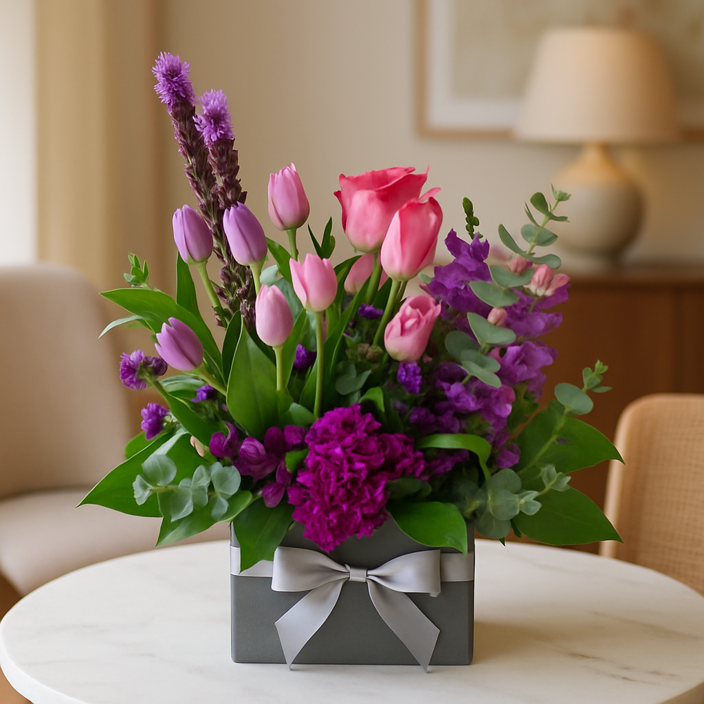 Purple Passion – Birthday Roses And Tulips Vase Arrangement