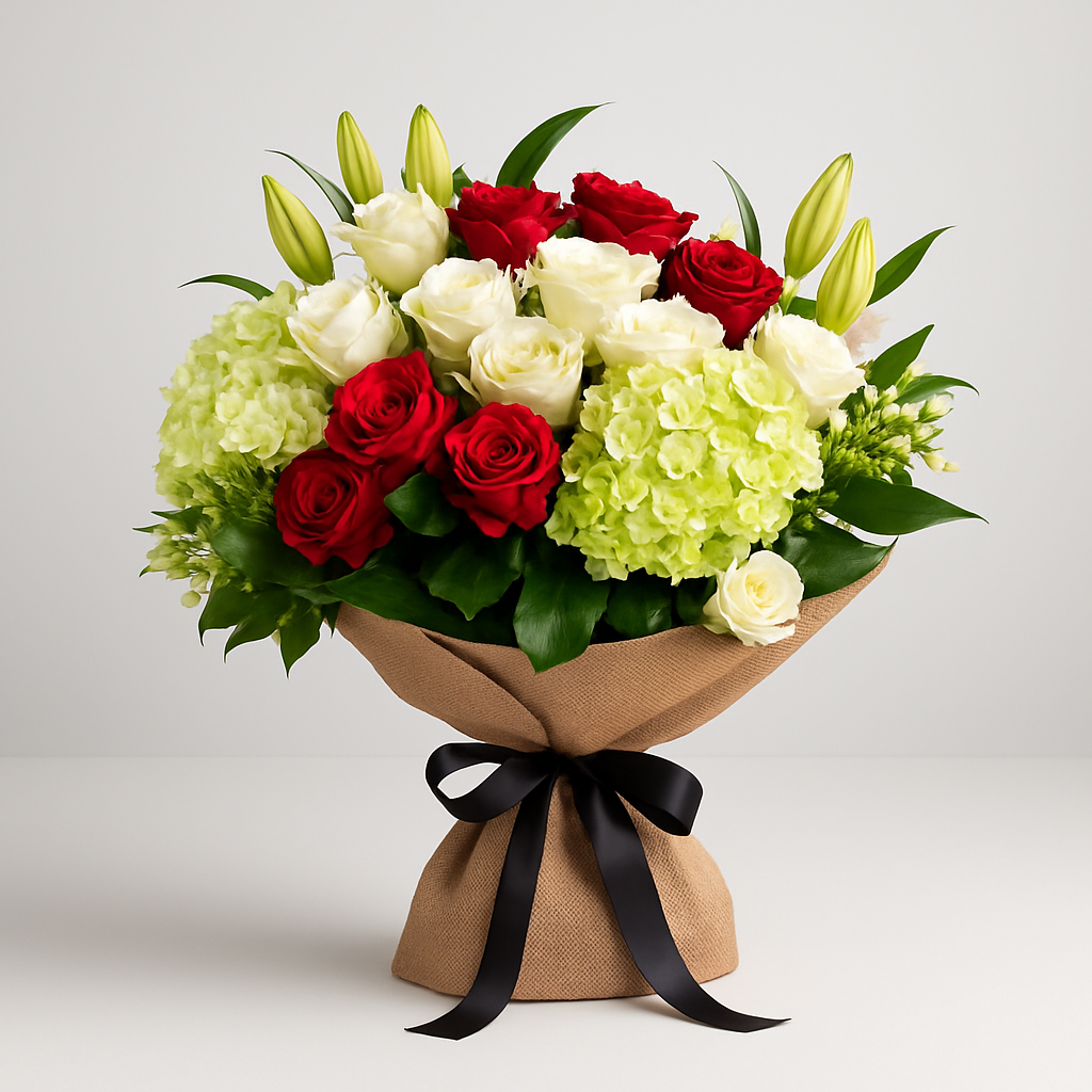 Red and Green Burlap Wrapped Bouquet #Size_Classic