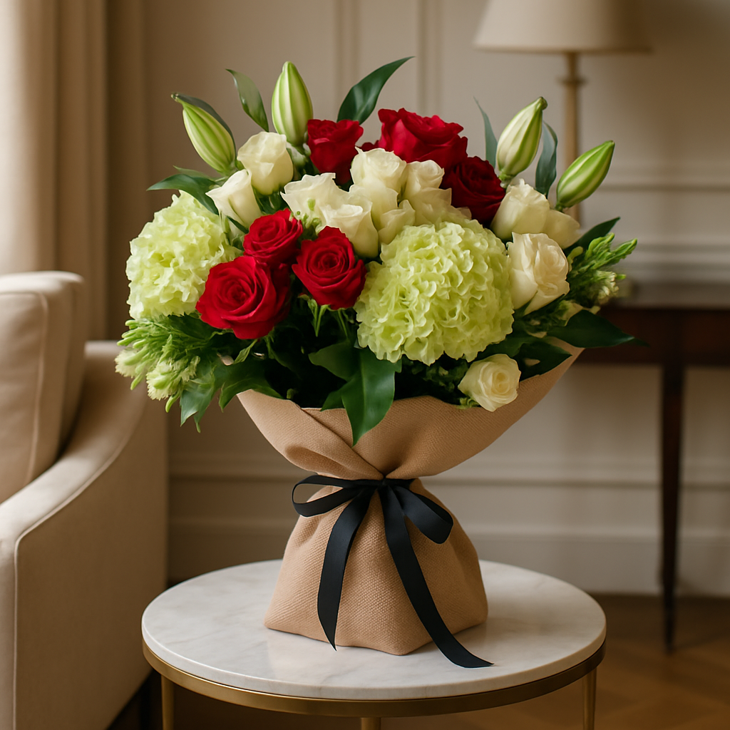 Red and Green Burlap Wrapped Bouquet