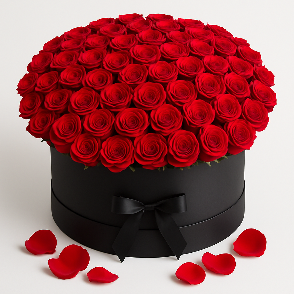 Red roses arrangement in a medium luxury round box #Size_Deluxe