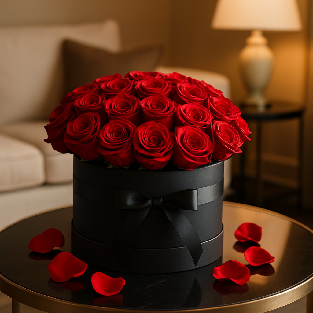 Red roses arrangement in a medium luxury round box