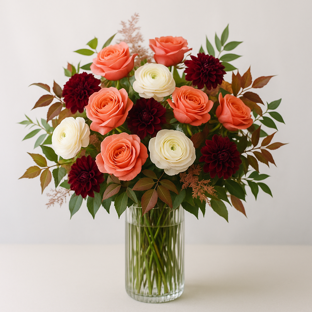 Signature Flower Subscription — coral roses, cream ranunculus and burgundy dahlias in a ribbed glass vase