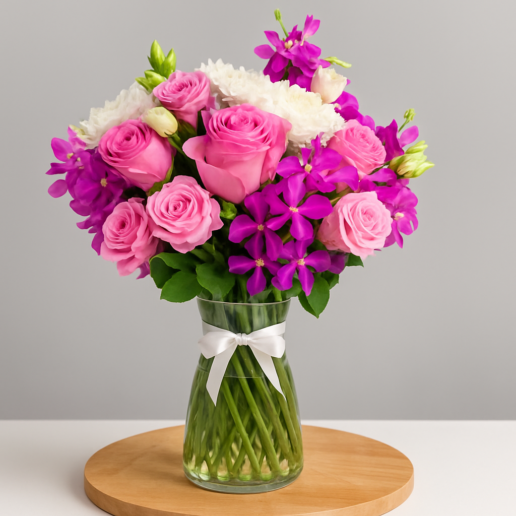 Sophisticated Style – Birthday Roses And Orchids Vase Arrangement #Size_Classic