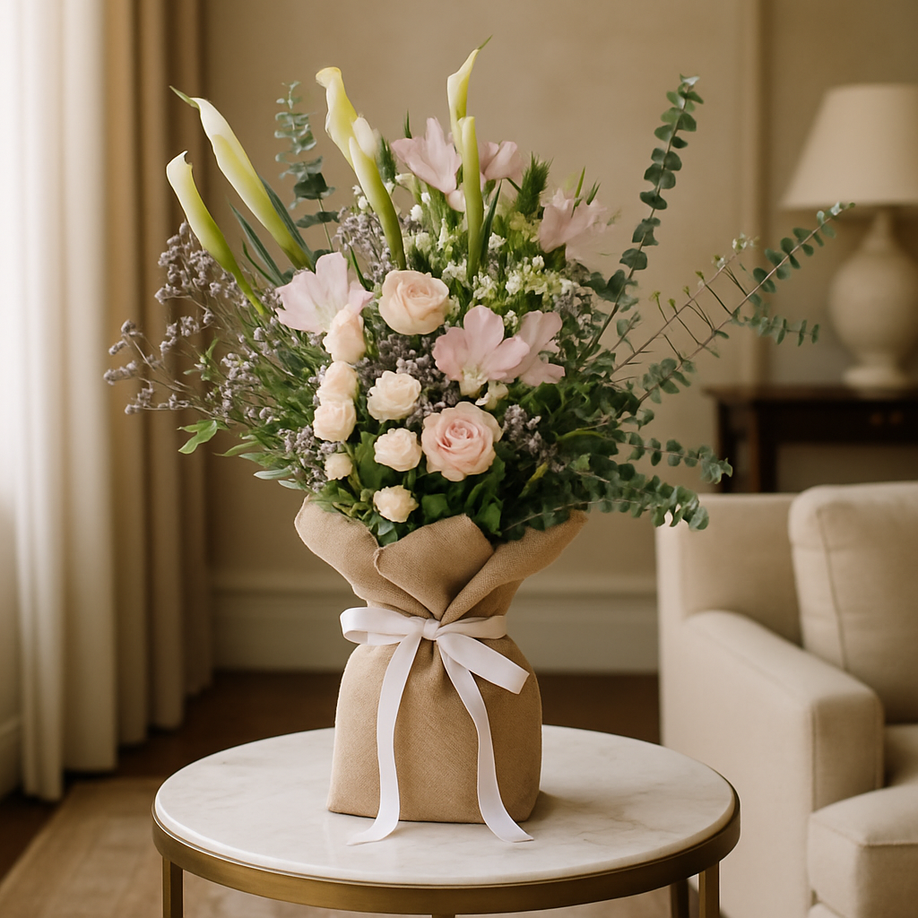 White and Pastel Flowers Burlap Wrapped Bouquet
