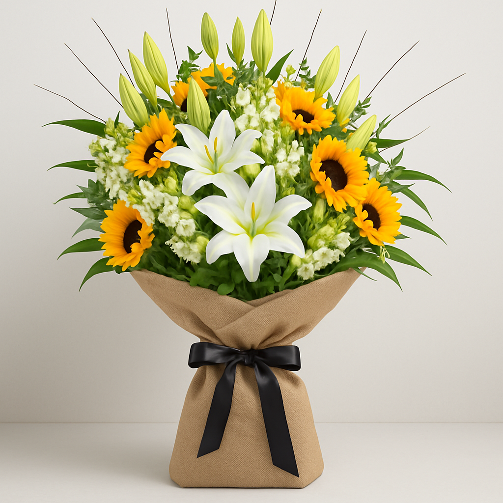 White and Yellow Burlap Wrapped Bouquet #Size_Deluxe