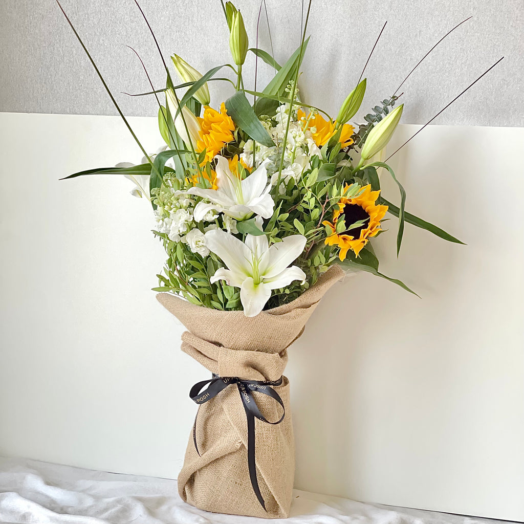 White and Yellow Burlap Wrapped Bouquet