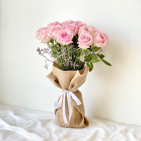 Pink Roses Burlap Wrapped Bouquet