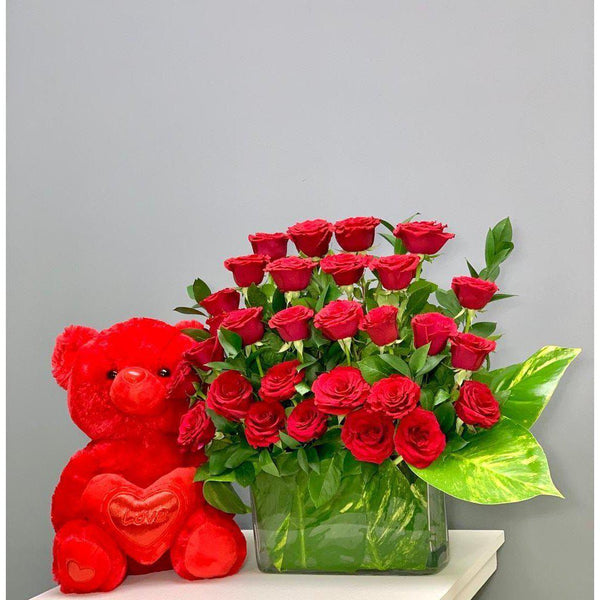 Endless Love Red Roses Gift Combo with Red Teddy Bear - Upscale and Posh - Same Day Flower Delivery Dubai