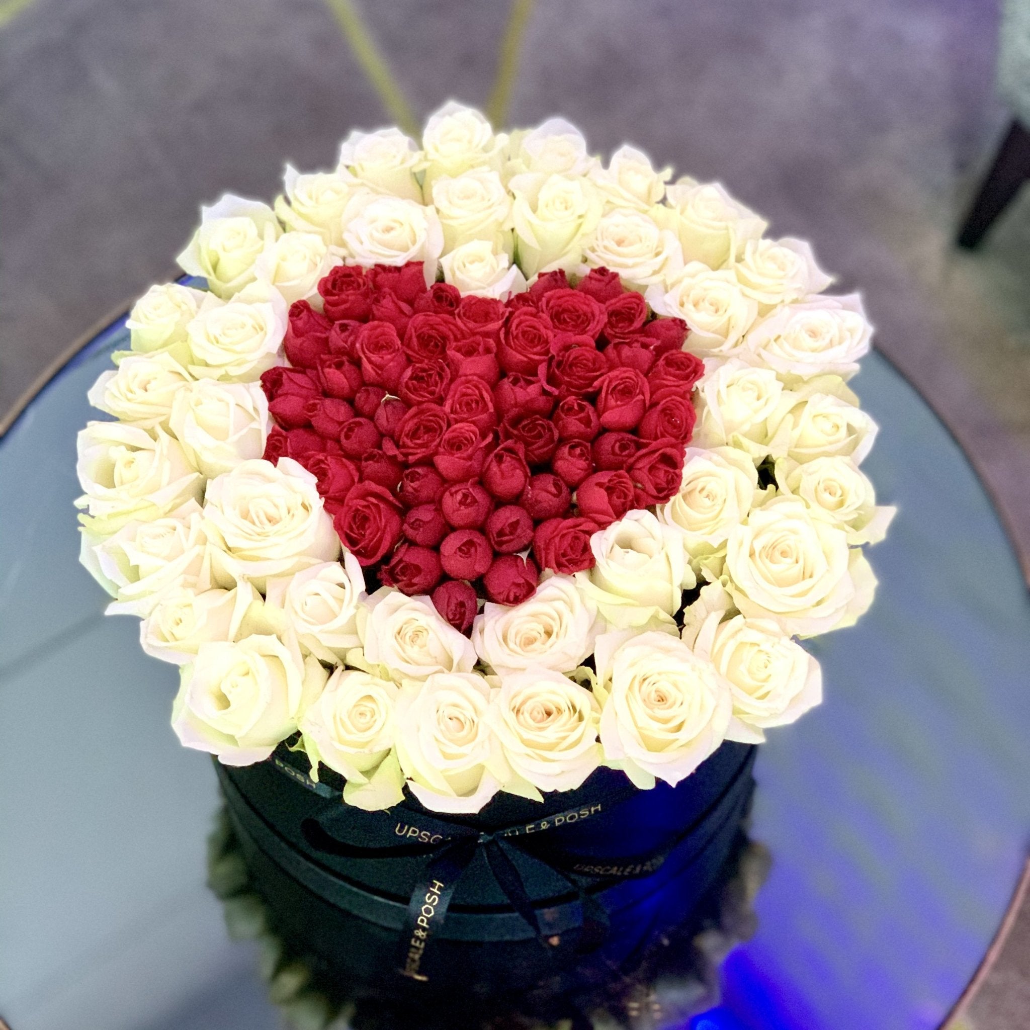 Heart in heart arrangement in a luxury round box - Upscale and Posh - Same Day Flower Delivery Dubai #Size_Grand