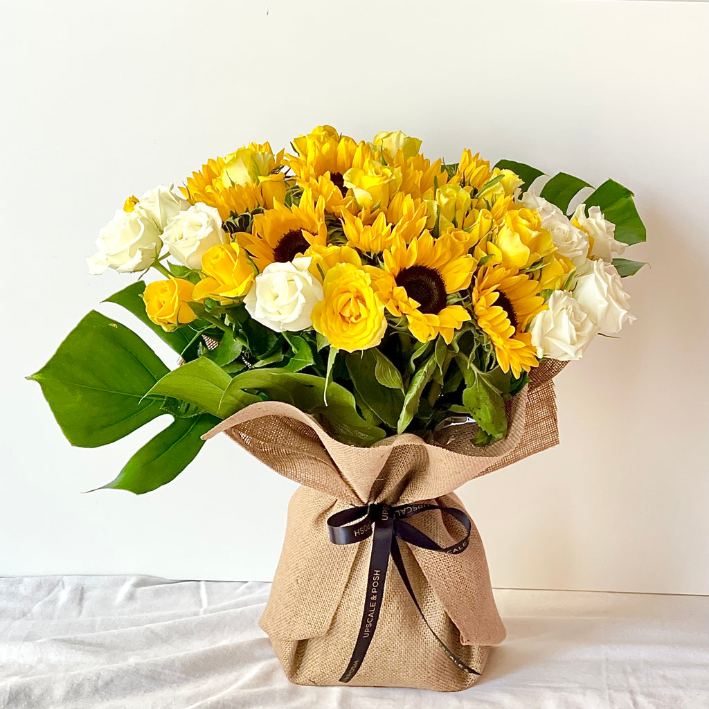 Yellow and White Burlap Wrapped Bouquet
