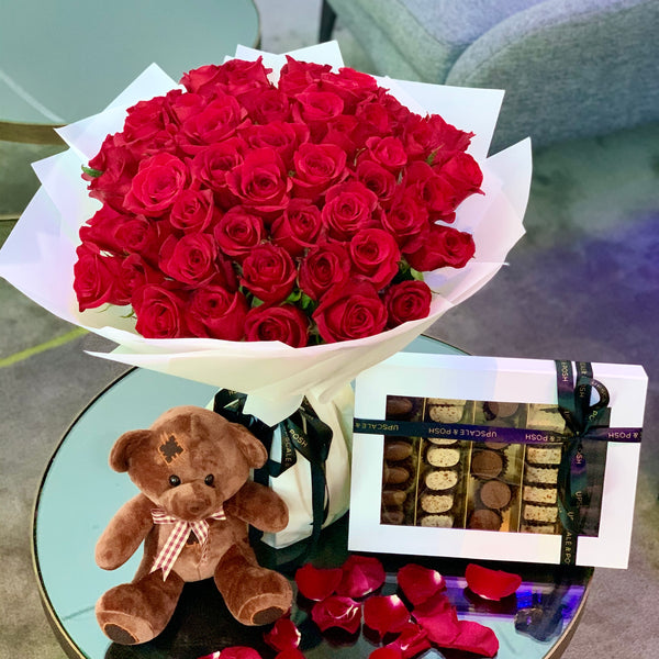 I Love You Combo 50 Red Roses Gift Combo with Chocolates and Teddy
