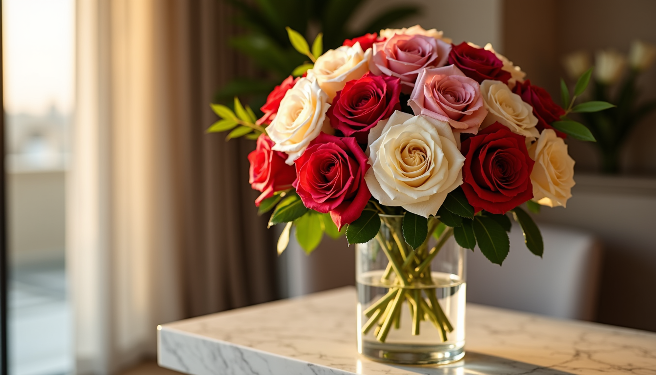 Luxury multi-colour rose arrangement in a Dubai interior