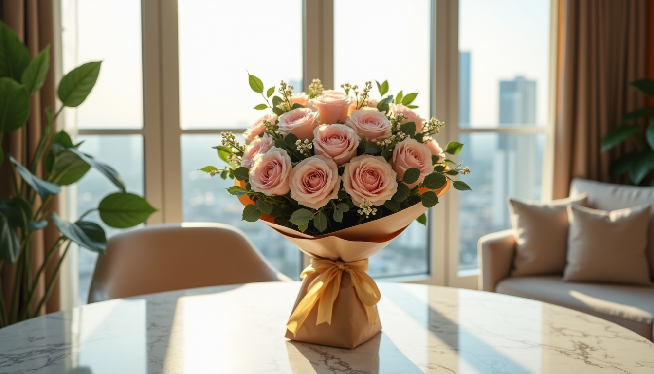 Luxury birthday flower bouquet of pink roses and white peonies on marble in Dubai
