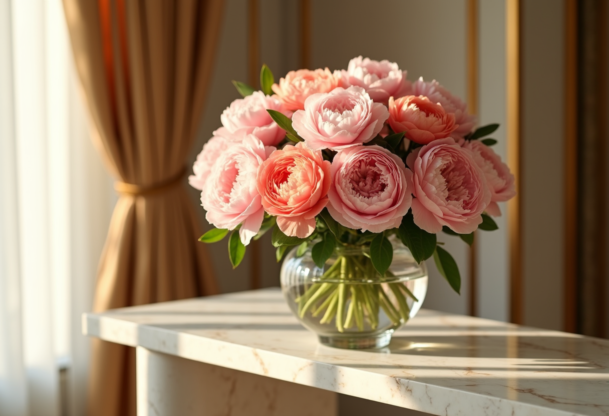 Blush pink and coral peonies in a glass vase in a luxury Dubai interior