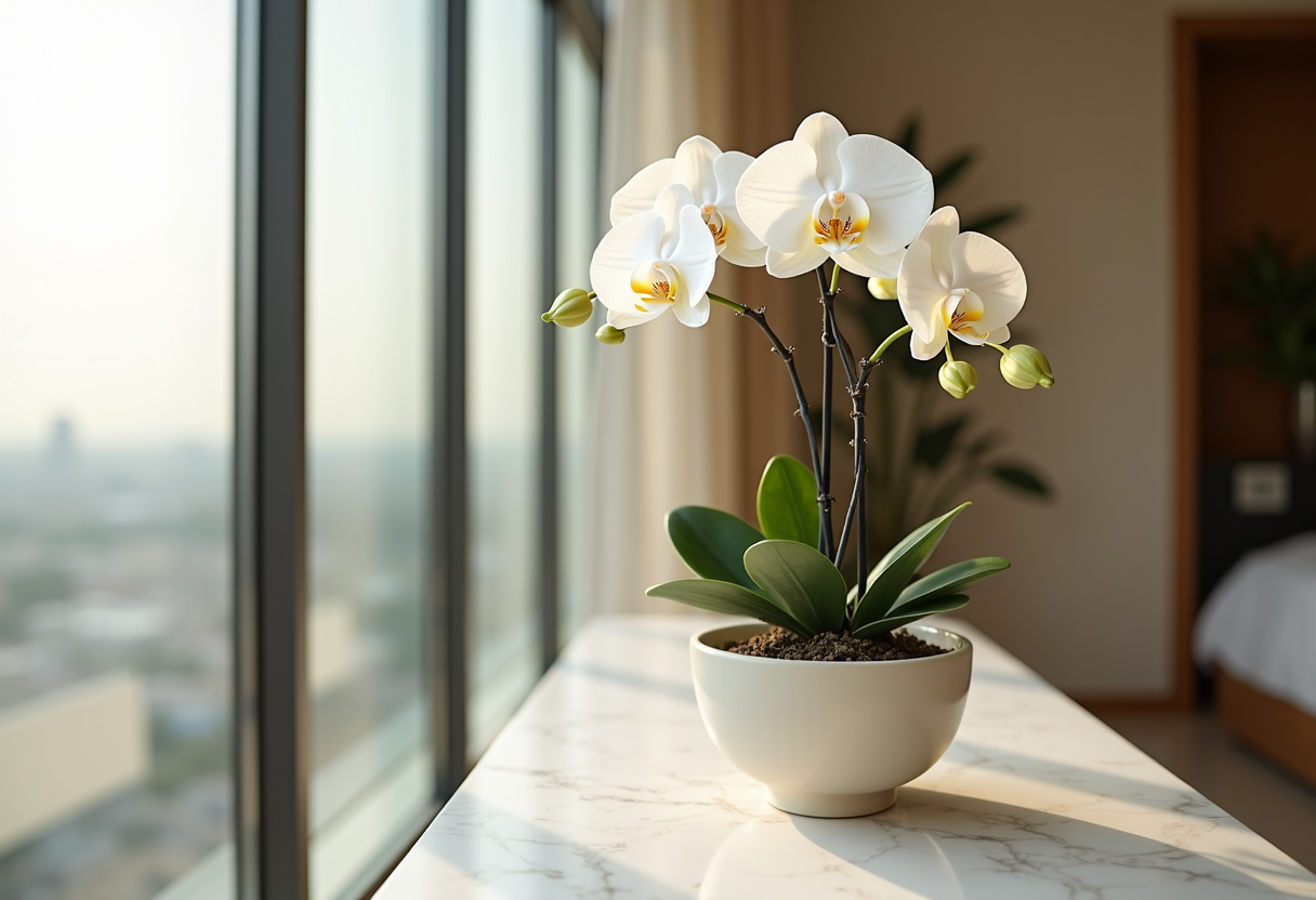 White Phalaenopsis orchid in a matte ceramic pot on marble in a luxury Dubai apartment