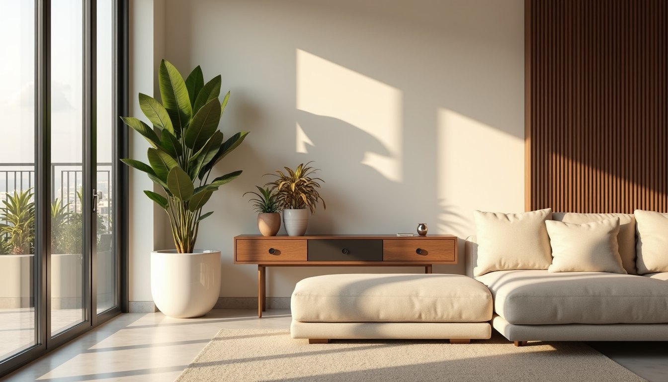 Snake plant and golden pothos in a bright modern Dubai apartment living room