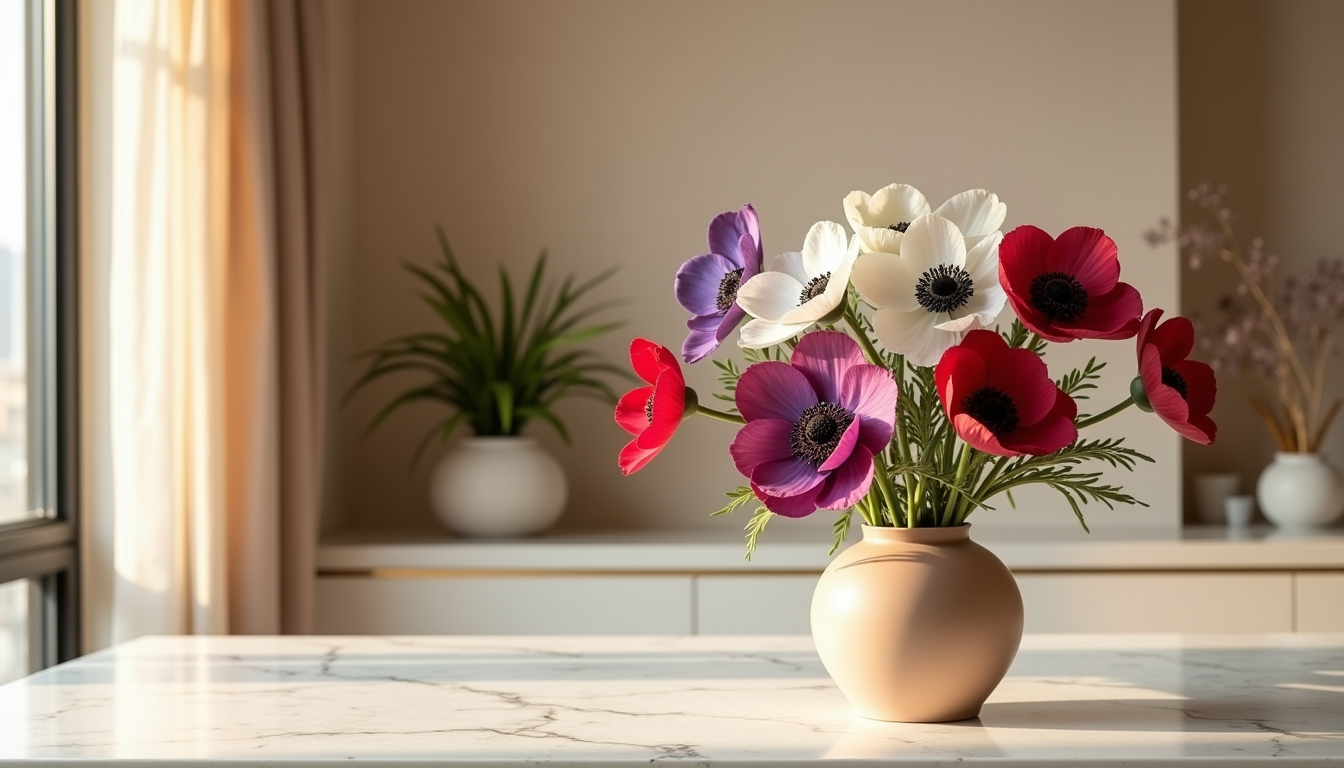 Luxury bouquet of red, purple and white anemone flowers with dark centres, arranged in a clear glass vase against a soft neutral backdrop