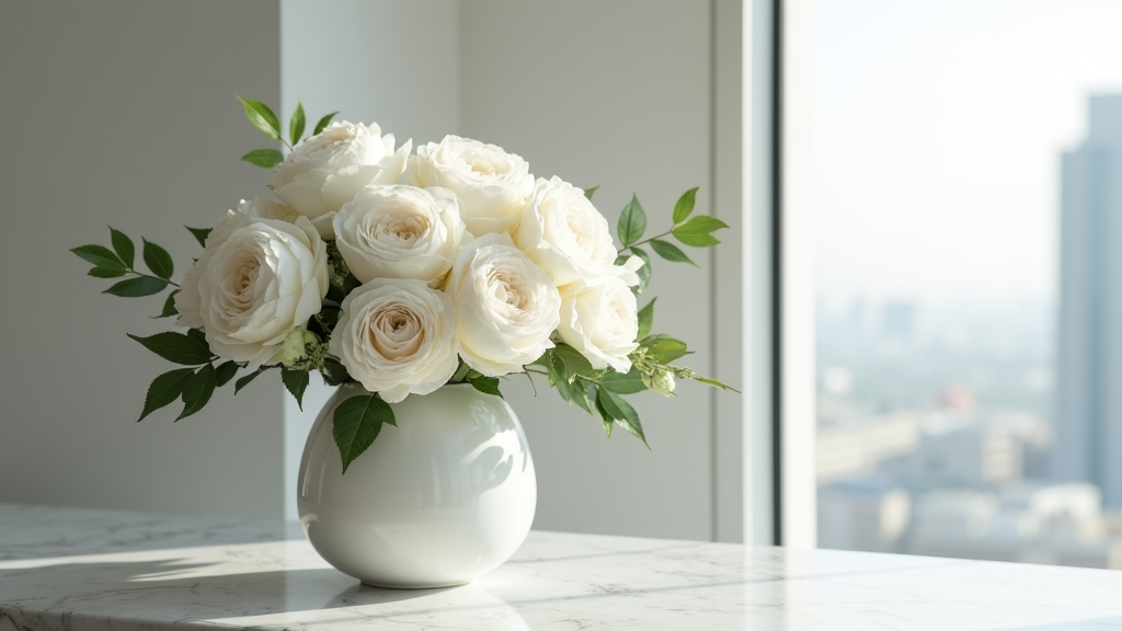 Monochromatic white flower arrangement featuring roses, ranunculus, and peonies in a minimalist setting