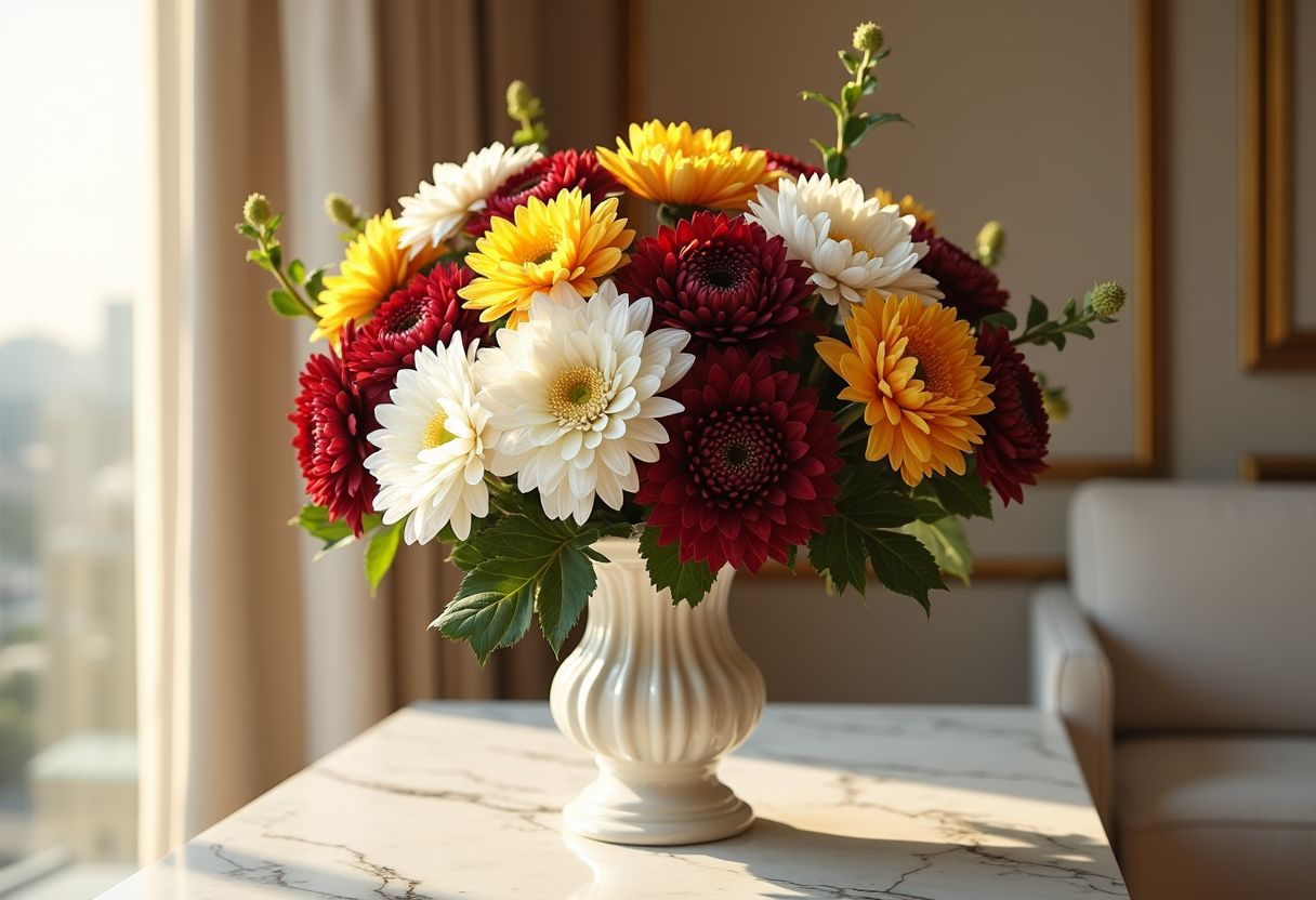 Luxury chrysanthemum arrangement in white, burgundy and gold styled in a Dubai interior