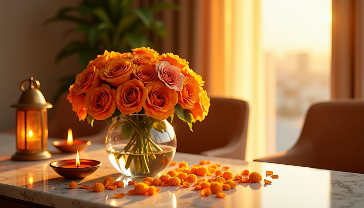 Luxury marigold and rose flower arrangement for Diwali 2026 in a Dubai home with diyas and a gold lantern
