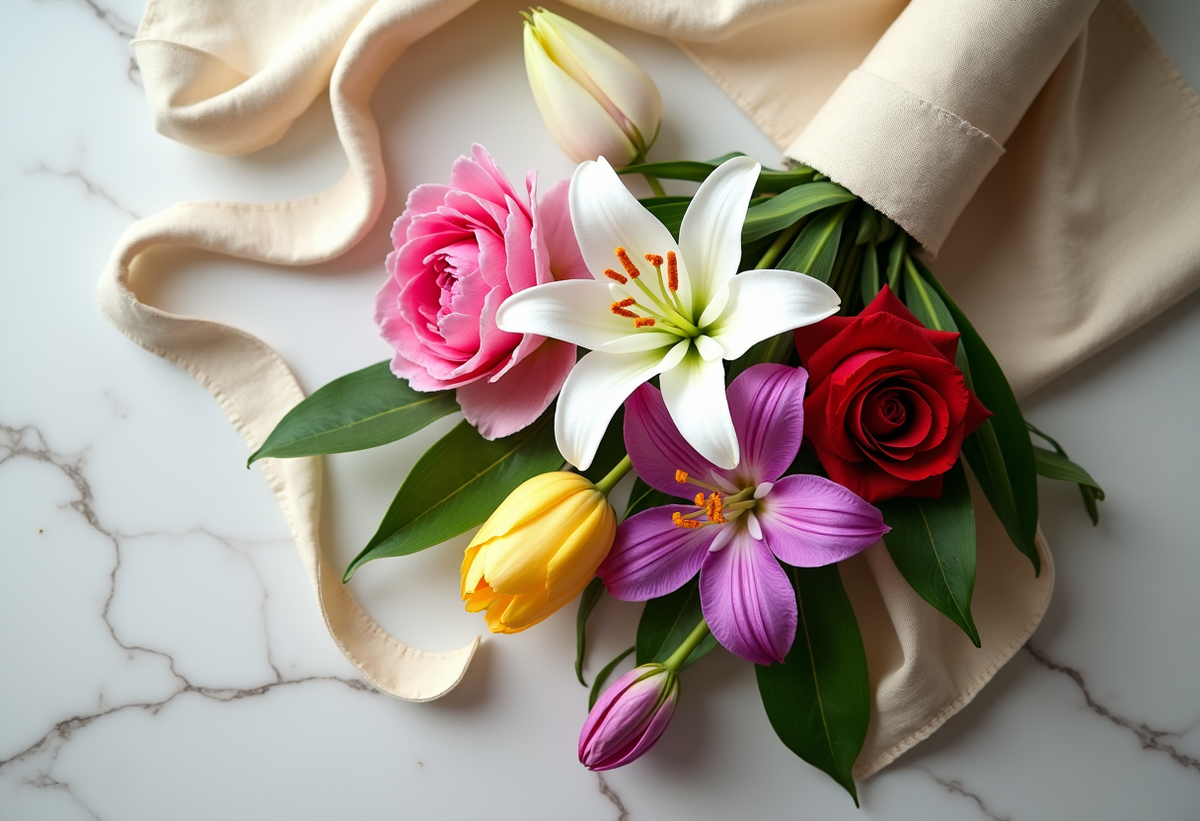 Pink peony, white lily, red rose, yellow tulip and a purple bloom arranged on a white marble surface with a linen napkin