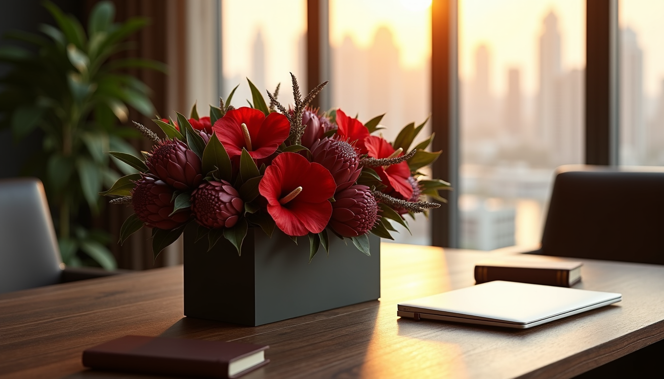A structural boxed flower arrangement of deep red anthuriums and proteas on a dark walnut desk in a Dubai office, warm gold-hour light through the window with a soft skyline silhouette