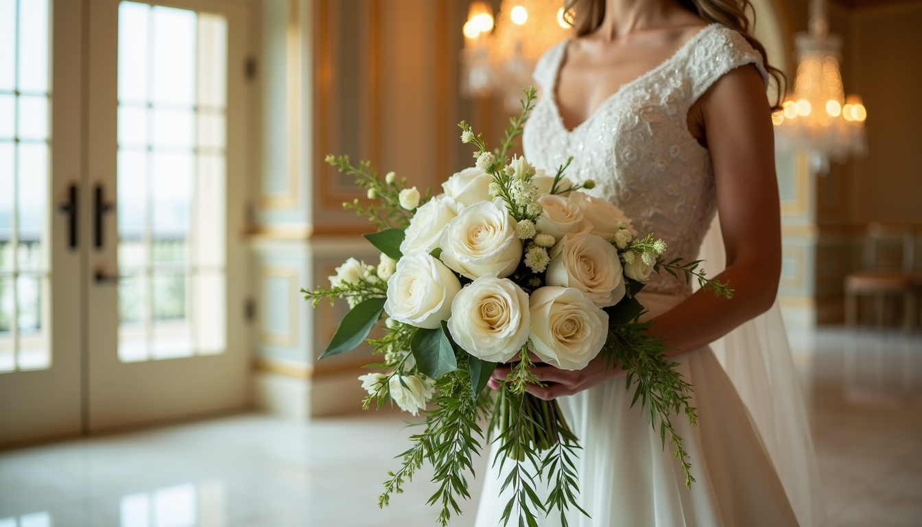 Luxury bridal bouquet for a Dubai wedding with white roses and peonies