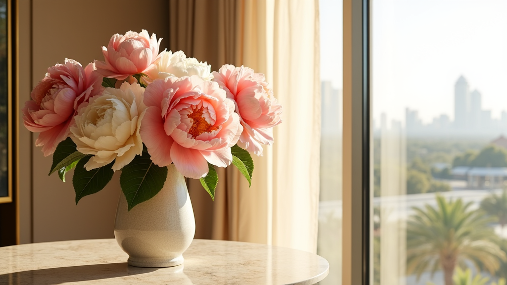 Luxury peony bouquet in a sunlit Dubai apartment — fresh garden peonies in blush pink, coral, and ivory white