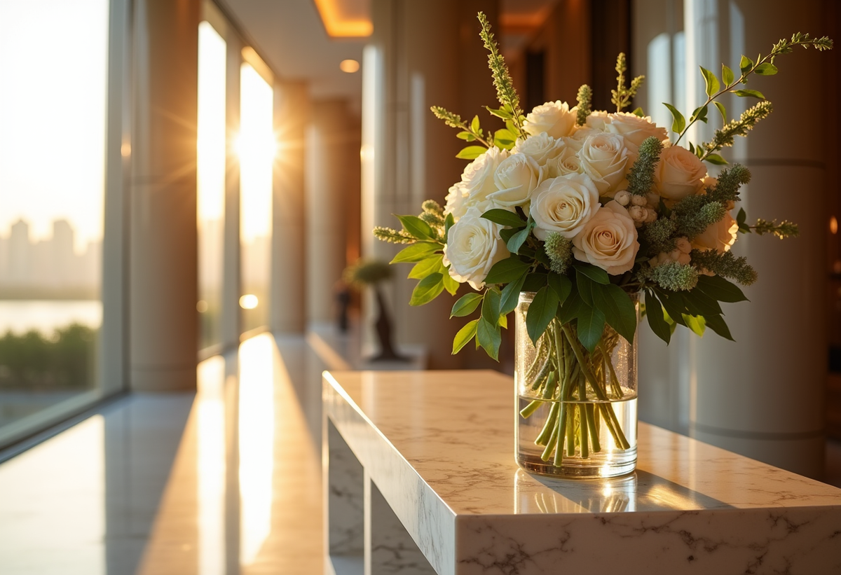 Oversized white rose and hydrangea arrangement in a tall glass vase on a marble console in a Dubai hotel-style hallway at golden hour
