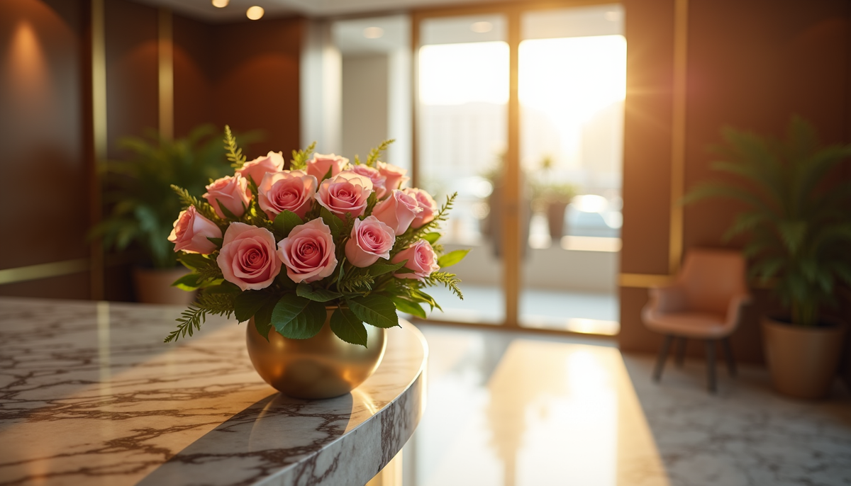 Hand-tied luxury flower bouquet delivered to a Dubai office reception desk