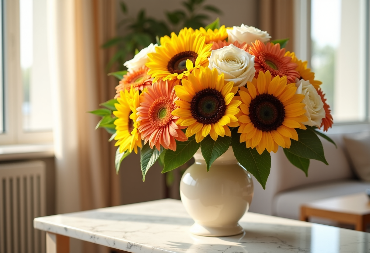 Cheerful luxury get well soon bouquet of sunflowers, yellow gerbera daisies and white roses in a cream vase on a marble table in a sunlit Dubai interior