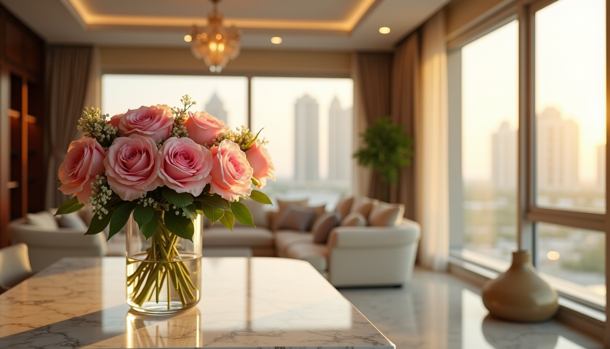 Luxury hand-tied rose and peony bouquet in a crystal vase on a marble console in a sunlit Dubai apartment