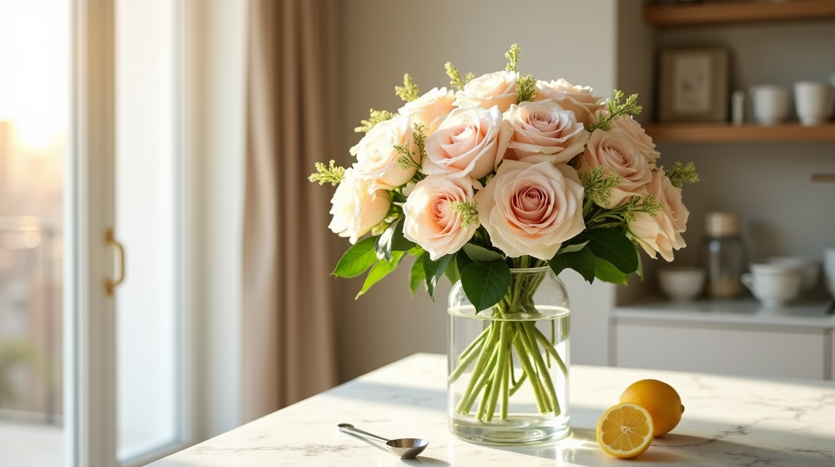 A luxury bouquet of pale roses in a glass vase on a marble counter in a Dubai apartment, with a lemon and measuring spoon beside it