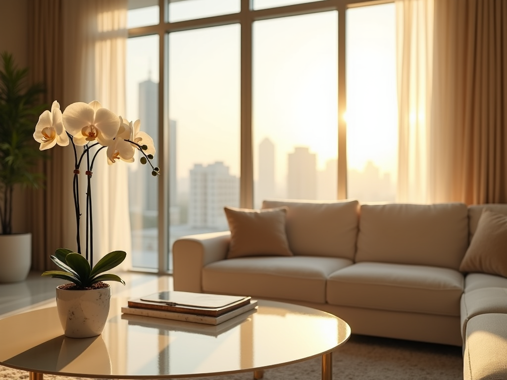 Luxury Dubai apartment interior with white phalaenopsis orchid in marble pot on glass coffee table