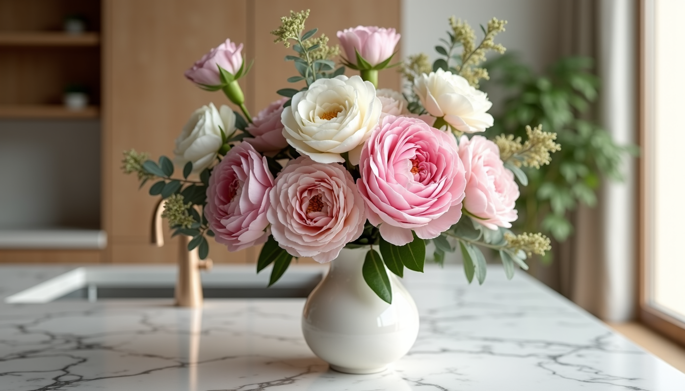 Luxury Mother's Day flower bouquet of pink peonies and white roses on a marble surface in a Dubai home