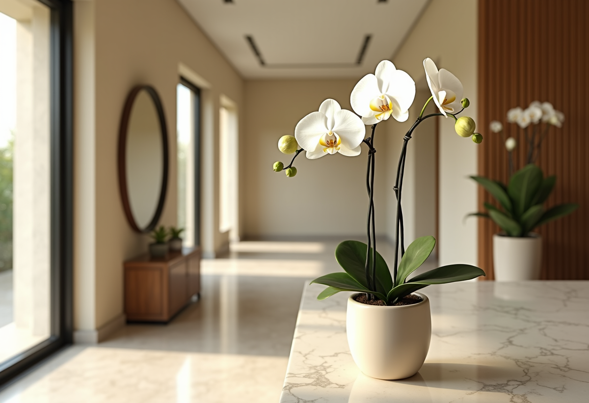 White phalaenopsis orchid plant in a ceramic pot on a marble console in a bright Dubai living room
