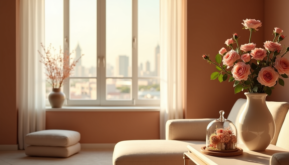 Styled Dubai living room interior with fresh roses and preserved dried flowers on a console table