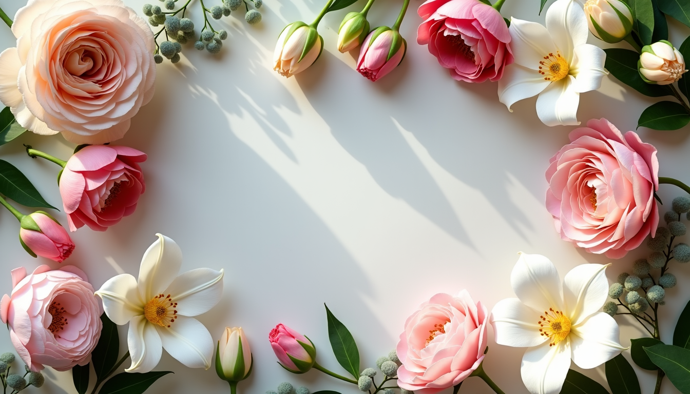 Different types of luxury flowers including roses, lilies, orchids and tulips arranged on a marble surface