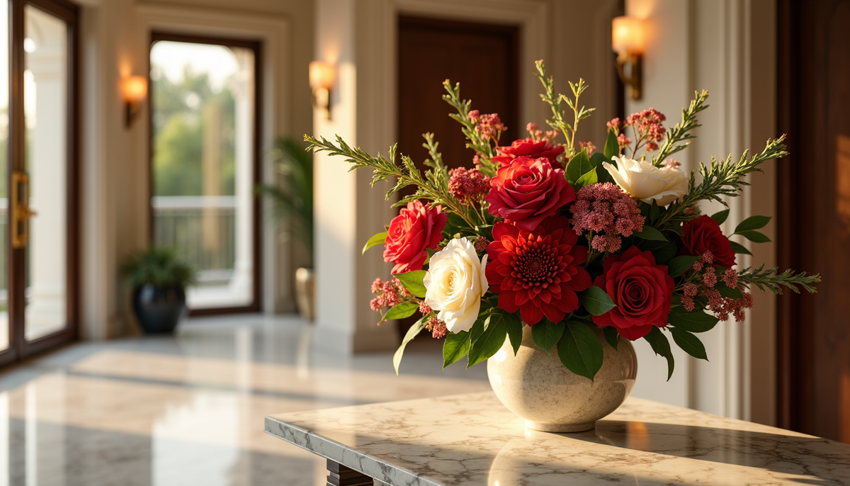 Luxury red, white and green floral arrangement on a marble console table in a Dubai villa entrance with soft December light